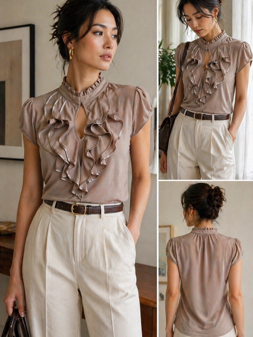 HeartSoul Ruffle Neck Blouse Taupe Keyhole Top Soft Stretch Feminine Chic | M/L